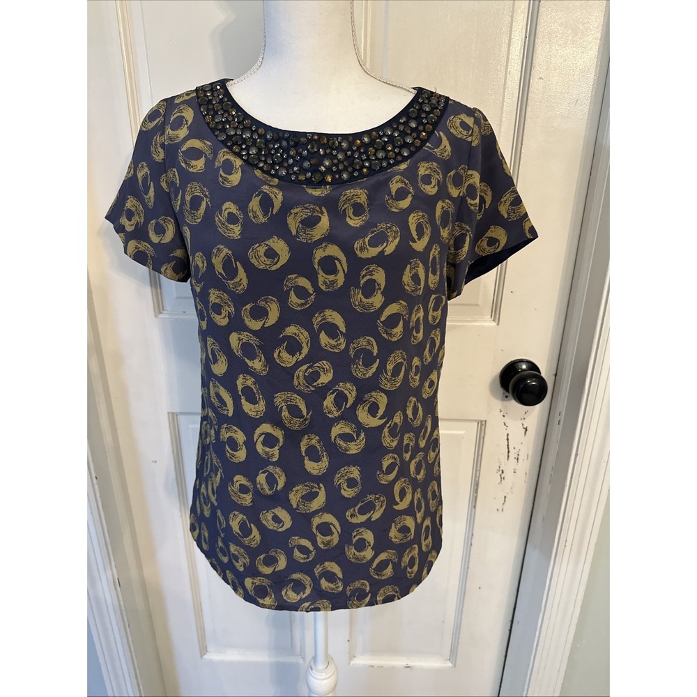 Boden Limited Edition Sz US-6 Embellished Jewel Neck Blue Circle Pattern Silk